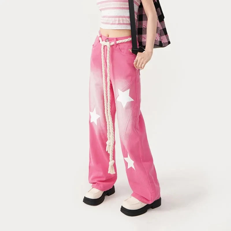 "AS IF!" | HIGH WAISTED VINTAGE PINK & WHITE Y2K STAR JEANS