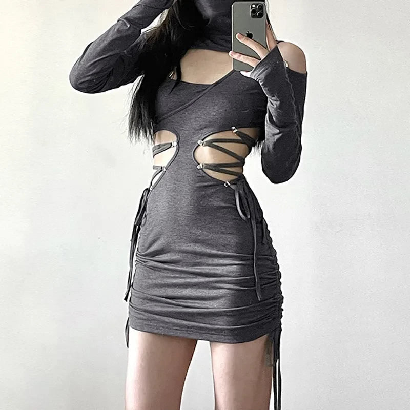 "CYBERANGEL" |  GREY CYBER Y2K NINJA BANDAGE SEXY MINI DRESS W/ TURTLENECK FACEMASK