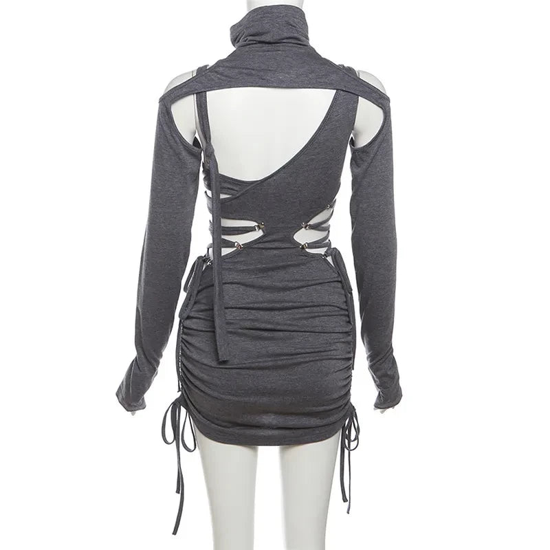 "CYBERANGEL" |  GREY CYBER Y2K NINJA BANDAGE SEXY MINI DRESS W/ TURTLENECK FACEMASK