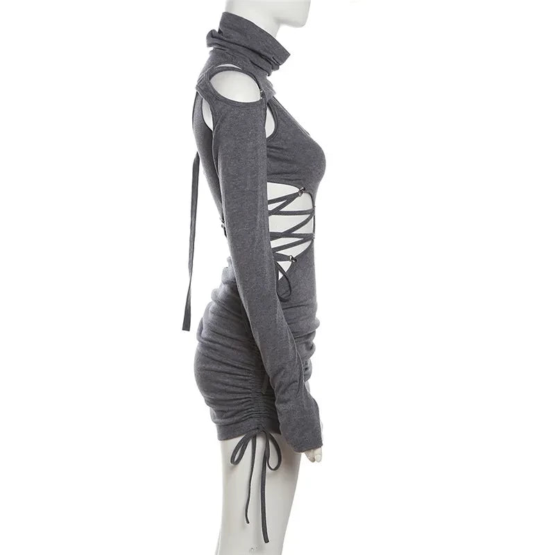 "CYBERANGEL" |  GREY CYBER Y2K NINJA BANDAGE SEXY MINI DRESS W/ TURTLENECK FACEMASK