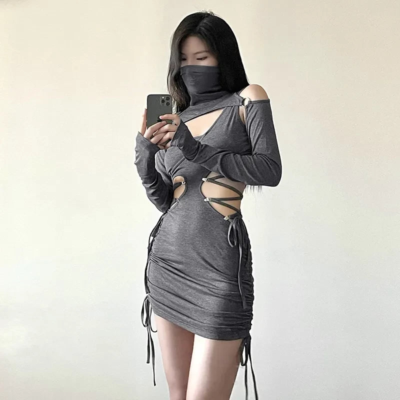 "CYBERANGEL" |  GREY CYBER Y2K NINJA BANDAGE SEXY MINI DRESS W/ TURTLENECK FACEMASK